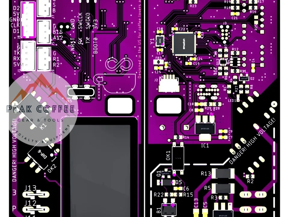 Purple Gaggiuino control board with gold-plated contacts